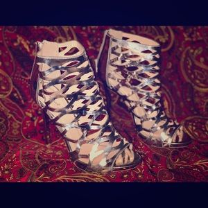 Silver Skinny Net Heels